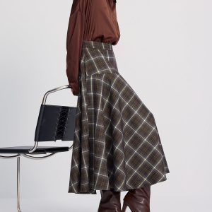 High-Waisted Asymmetric Plaid Midi Skirt