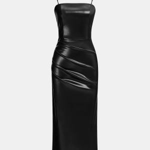 Faux Leather Ruched Cami Midi Dress