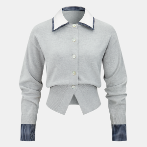 Plaid Detail Contrast Collar Knit Cardigan