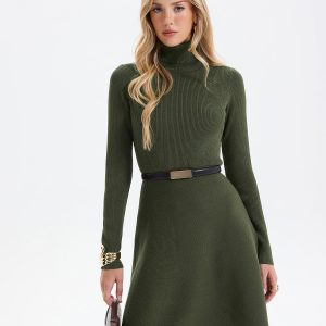 Belted Ribbed Turtleneck Knit Mini Dress