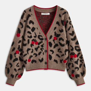 Cherry Leopard Print Knit Cardigan