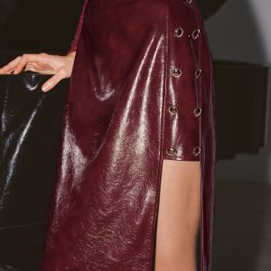 Metal Detail Side Slit Faux Leather Midi Skirt
