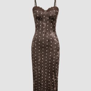 Velvet Polka Dot Lace-Trim Cami Midi Dress