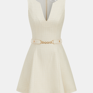 Tweed Sleeveless V-Neck Belted Mini Dress