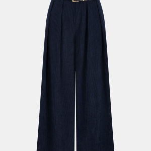 Belted Corduroy Wide-Leg Pleated Pants