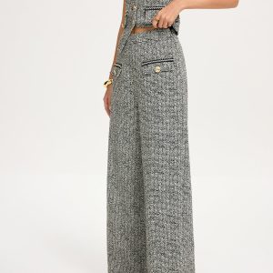 Metal Detail Tweed Wide-Leg Pants