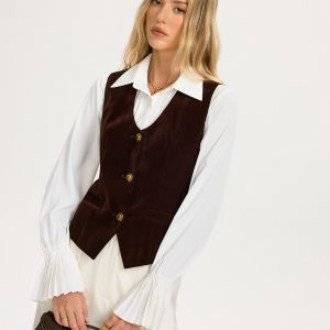 Metal Button Velvet Sleeveless Vest