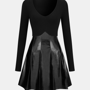 Pleated Faux Leather Panel Long-Sleeve Dress