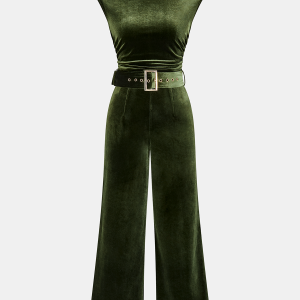 Velvet Sleeveless Belted Wide-Leg Jumpsuit