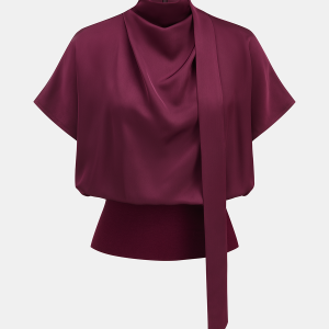 Draped Satin Mock Neck Blouse with Tie