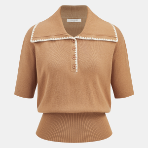 Contrast Scalloped Trim Knit Polo Top