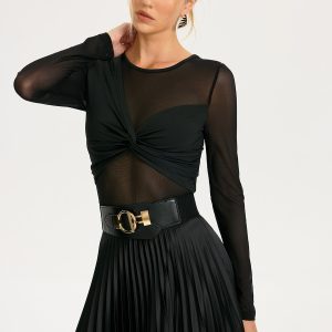 Twist-Front Sheer Mesh Long-Sleeve Top