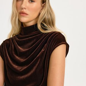 Velvet Mock-Neck Draped Cap-Sleeve Crop Top