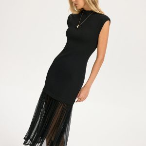 Sheer Pleated Hem Sleeveless Knit Dress