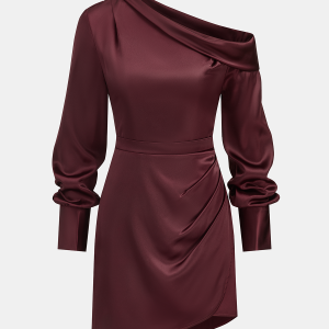 Satin Off-Shoulder Long Sleeve Ruched Dress