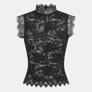 Scalloped Trim Stand Collar Lace Sleeveless Top