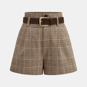 Belted High-Waist Houndstooth Tweed Shorts