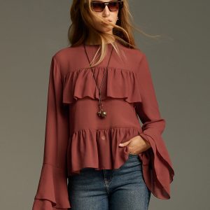 Bell Sleeve Chiffon Tiered Ruffle Blouse