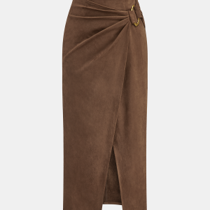 Buckle Detail Suede Effect Midi Skirt