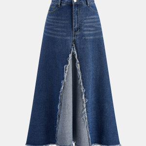 Frayed Hem Denim Midi Skirt