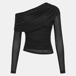 Semi-Sheer Mesh Off-Shoulder Ruched Top
