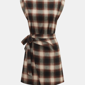 Plaid Cotton Sleeveless Tie-Waist Wrap Dress
