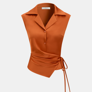 Tie-Waist Satin Sleeveless Wrap Blouse