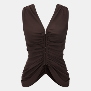 Hook-and-Eye Ruched V-Neck Sleeveless Top