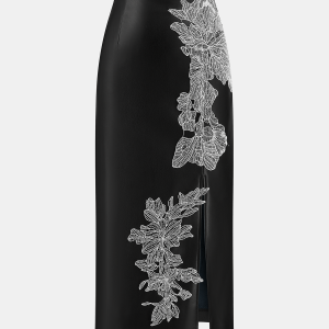 Floral Embroidered Slit PU Midi Skirt