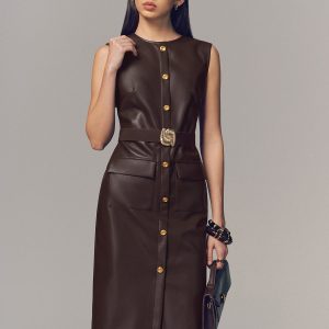Belted Metal Button Faux Leather Sleeveless Maxi Dress