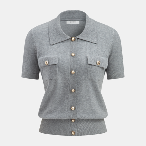 Metal Button Wool-Blend Collared Knit Cardigan