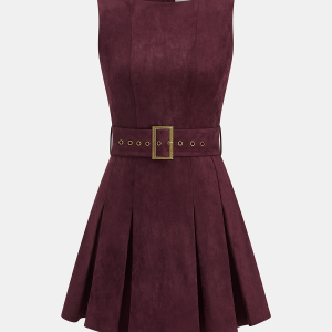 Belted Suede Pleated Mini Dress
