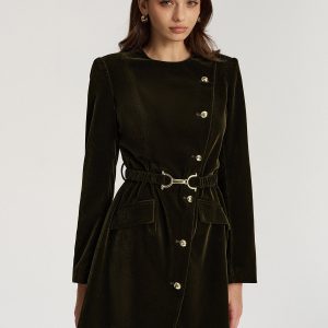 Belted Asymmetric Button Velvet Long Blazer