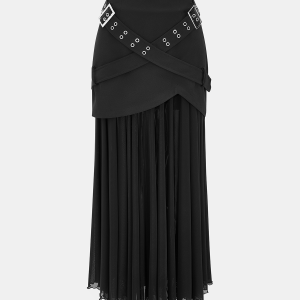 Belted Overlay Chiffon Pleated Asymmetrical Maxi Skirt