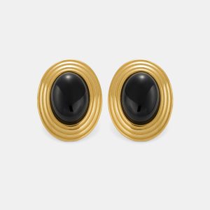 Textured Frame Black Oval Stone Stud Earrings