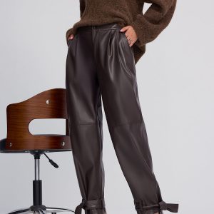 Cuff-Tie Faux Leather Tapered Pants