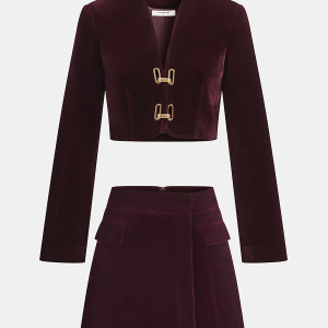 Metal Buckle Corduroy Jacket & Mini Skirt Set