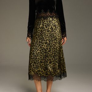 Leopard-Print Lace-Trimmed Midi Skirt