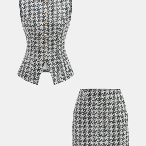Metal Button Houndstooth Vest & Mini Skirt Set