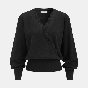 Lace-Trimmed Wrap V-Neck Knit Top