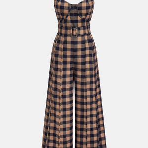 Plaid Belted Wide-Leg Cami Jumpsuit
