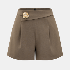 Metal Button Mid-Waist Pleated Shorts