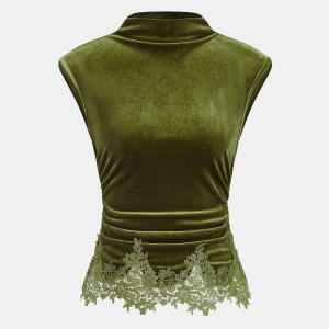 Lace Hem Ruched Velvet Sleeveless Top