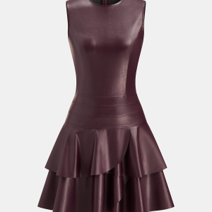 Sleeveless Faux Leather Tiered Ruffle Mini Dress