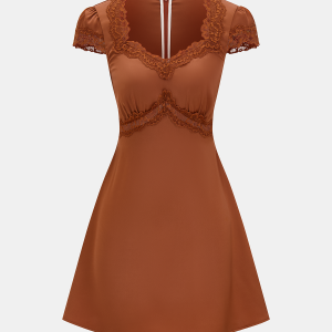 Lace Trim V-Neck Satin Mini Dress