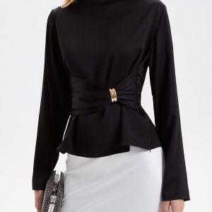 Metal Detail Ruched Waist Satin Blouse