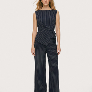 Pinstripe Wrap Top & Wide-Leg Pants Set
