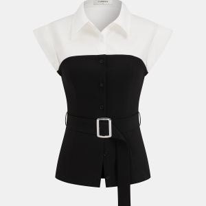 Collared Color Block Sleeveless Belted Blouse