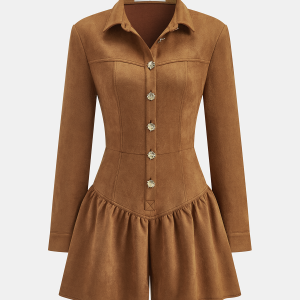 Suede Long-Sleeve Button-Front Jumpsuit