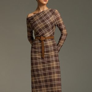 Plaid Mesh Off-Shoulder Maxi Dress without Belt